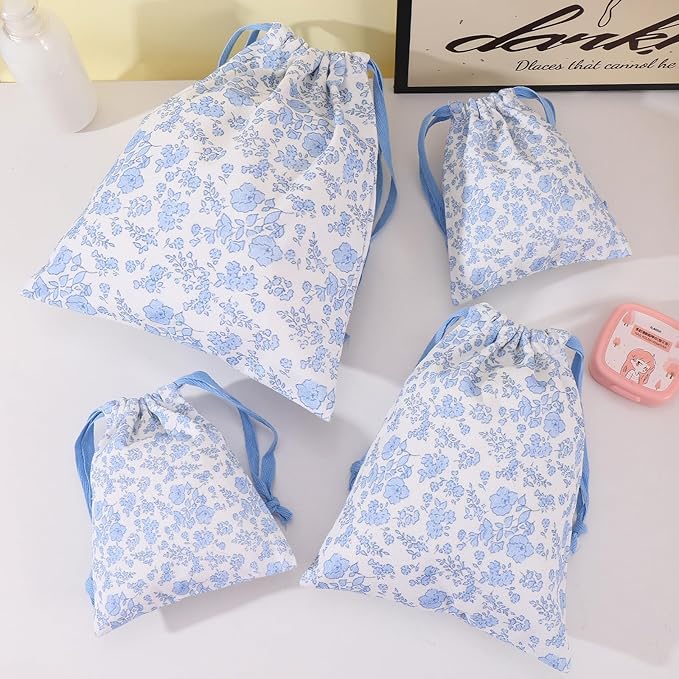 LYDZTION 4pcs Floral Drawstring Makeup Bags Pouches For Purse, Small Canvas Cloth Gift Bags Pouch For Cosmetics Jewerlry Home Travel Storage,Blue