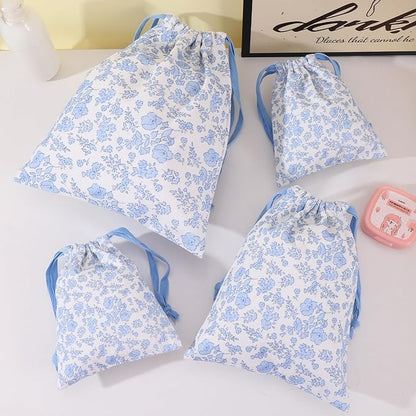 LYDZTION 4pcs Floral Drawstring Makeup Bags Pouches For Purse, Small Canvas Cloth Gift Bags Pouch For Cosmetics Jewerlry Home Travel Storage,Blue