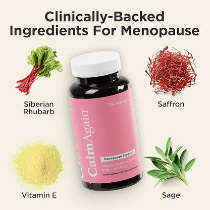 BB Company CalmAgain Menopause Support, Relief & Hormone Balance - Nervousness Relief, Mood Support, Hot Flashes, Night Sweats - Feel Calm - Antioxidant Rich Siberian Rhubarb, Sage, Saffron (30 Ct)