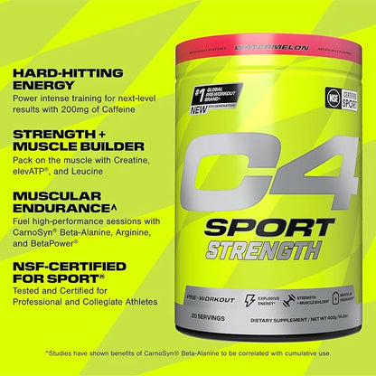 Cellucor C4 Sport Strength Pre Workout Powder - NSF Certified for Sport - Beta-Alanine, Creatine, 200mg Caffeine - Sugar Free Energy Supplement for Men & Women - Watermelon, 20 Servings