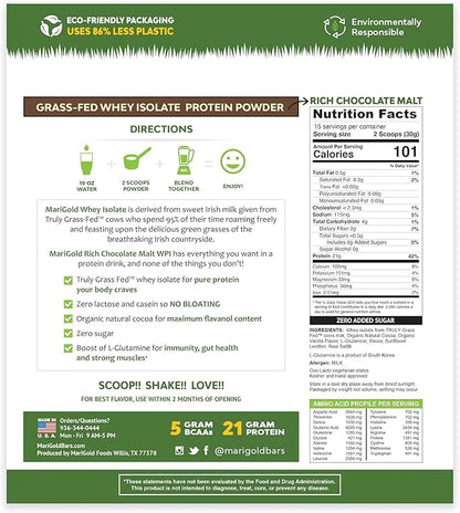 MariGold Grass-fed Whey Protein Isolate Powder - Rich Chocolate Malt Flavor - 1 Lb | 100% Pure, Cold-Processed, Micro-Filtered, Undenatured, Non-GMO, rBGH Free, Soy Free, Gluten Free, Lactose Free