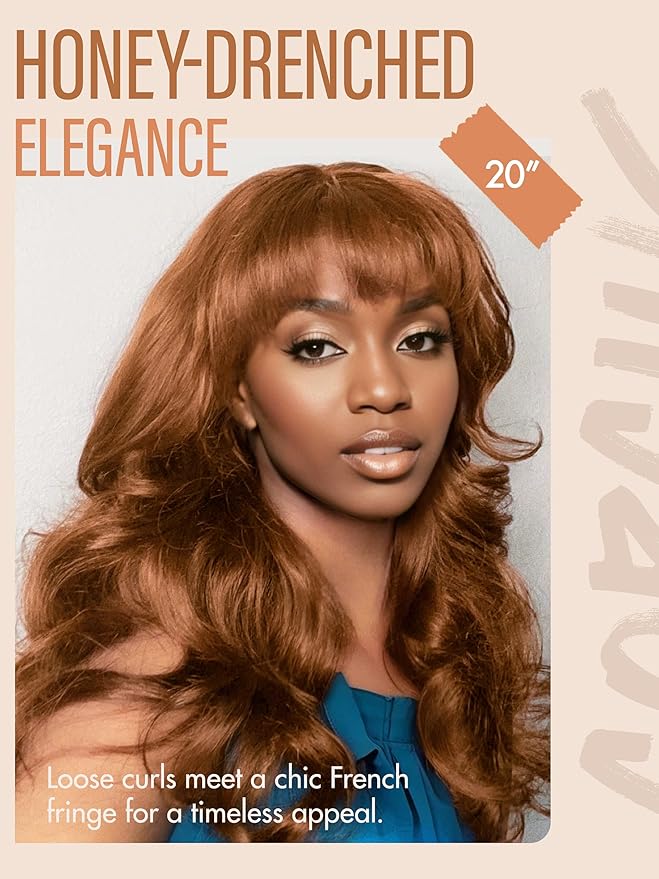 GORGIUS Glueless Wavy Wig with Bangs Honey Brown Synthetic Curtain Bang Wig with Realistic Scalp 22 Inch