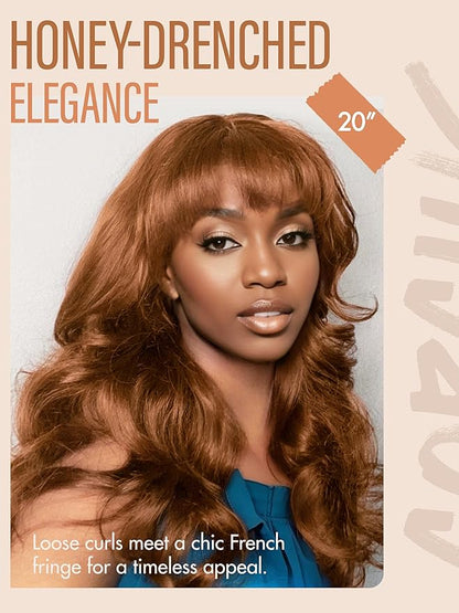 GORGIUS Glueless Wavy Wig with Bangs Honey Brown Synthetic Curtain Bang Wig with Realistic Scalp 22 Inch