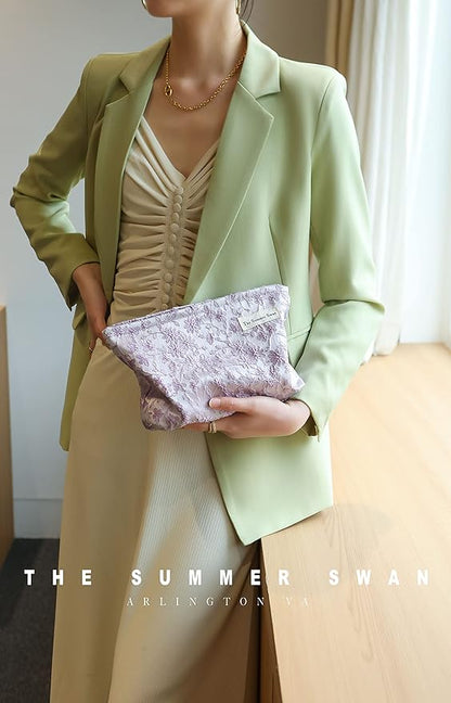 The Summer Swan | Floral Cosmetic Bag｜Large Aesthetic Personal Item Bag | Preppy Travel Makeup Pouch | Skincare Bag (Embroidery Light Purple)