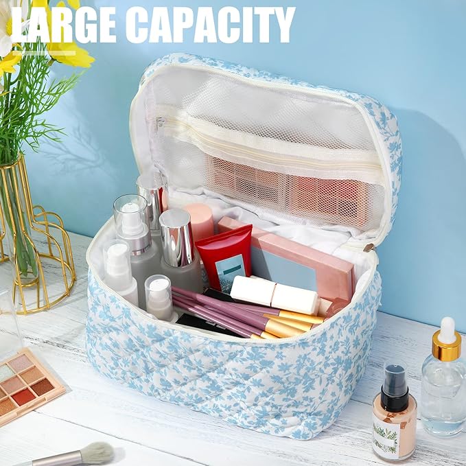 Paterr 3 Pieces Cotton Quilted Makeup Bag Set Coquette Cosmetic Bag Aesthetic Travel Toiletry pouch Cute Pouch Kawaii Aesthetic for Women(Blue,Floral)