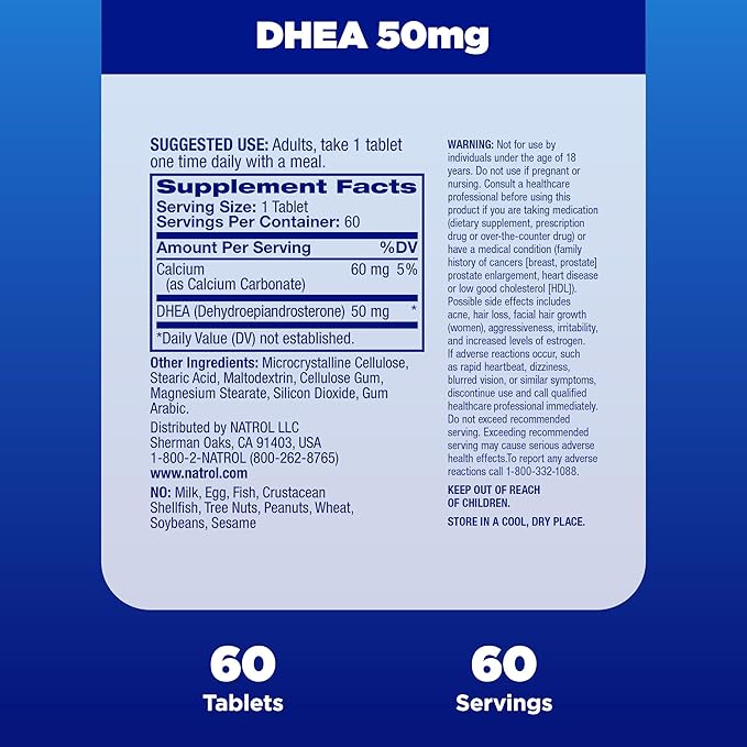 Natrol Mood & Stress DHEA 50mg With Calcium, Dietary Supplement for Balance of Certain Hormone Level and Mood Support, 60 Tablets, 60 Day Supply