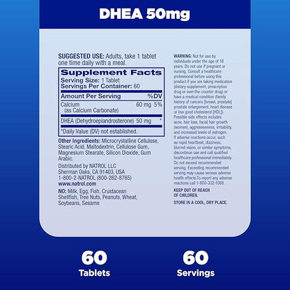 Natrol Mood & Stress DHEA 50mg With Calcium, Dietary Supplement for Balance of Certain Hormone Level and Mood Support, 60 Tablets, 60 Day Supply