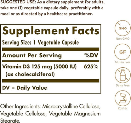 Solgar Vitamin D3 (Cholecalciferol) 125 mcg (5000 IU), 240 Vegetable Capsules - Helps Maintain Healthy Bones & Teeth - Immune System Support - Non-GMO, Gluten Free, Dairy Free, Kosher - 240 Servings