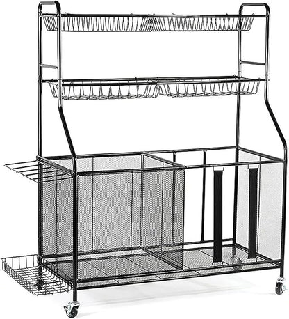 HOME IT Garage Sports Equipment Organizer - Garage Ball Storage Rack Organizer Holder with Baskets, Rolling Wheels & Breaks - Large Capacity Heavy Duty Steel Ball Storage Cart
