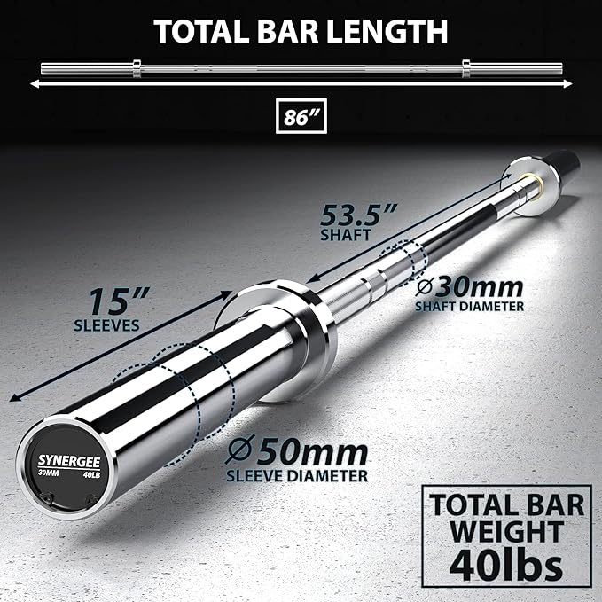 Synergee Essential 40lb Chrome Olympic Barbell. Great for Weightlifting
