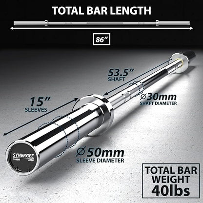 Synergee Essential 40lb Chrome Olympic Barbell. Great for Weightlifting