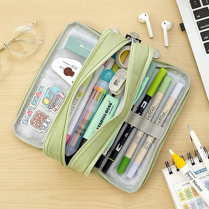 CICIMELON Large Capacity Pencil Case 3 Compartment Pouch Pen Bag for School Teen Girl Boy Men Women (Green)