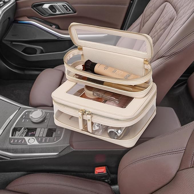 Travel Clear Makeup Bag with Brush Case TSA Approved Toiletry Bag Waterproof Cosmetic Organizer Car Essential for Women (Beige, M+SLIM)