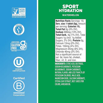 Nuun Sport Electrolyte Tablets - Dissolvable in Water, Watermelon, 5 Essential Electrolytes for Hydration, 1g Sugar Drink Mix, Vegan, Non-GMO, 8 Pack (80 Total Servings)