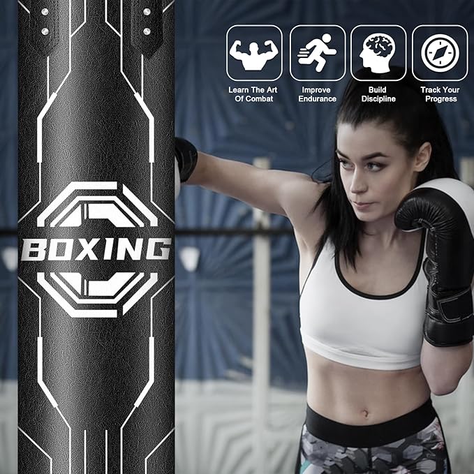 Hanging Punching Bag for Adults, 4ft PU Leather Heavy Boxing Bag Set, Hanging Bag Boxing Equipment for MMA Karate Kickboxing Boxing Home Gym, Unfilled