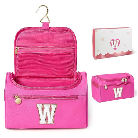 COSHAYSOO Christmas Valentines Galentines Day Fall Travel Gifts for Women Friend Sister Bestie Happy Birthday Party Favor Present, Large Hanging Toiletry Bag Skin Care Toiletries Hot Pink Letter W