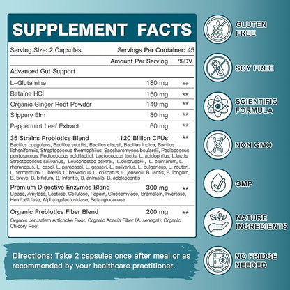 Probiotics for Women-Men Digestive Health with 120 Billion Probiotics, Prebiotics and Probiotics for Women-Men, Digestive Enzymes, Nutrient Absorption, Immune Support, 90 Veggie Caps (45 Days Supply)