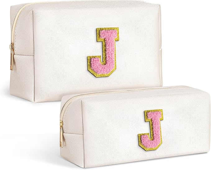 TOPEAST Preppy Stuff Tween Girls Gifts, 2 PCS Makeup Pouch Makeup Organizer Bag PU Leather Chenille Letters Waterproof Cosmetic Bag Personalized Gifts Idea For Women, White J