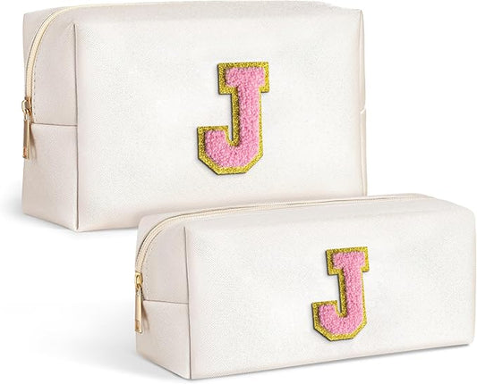 TOPEAST Preppy Stuff Tween Girls Gifts, 2 PCS Makeup Pouch Makeup Organizer Bag PU Leather Chenille Letters Waterproof Cosmetic Bag Personalized Gifts Idea For Women, White J