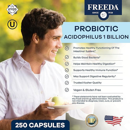FREEDA Acidophilus Probiotic 1 Billion CFU - Lactobacillus Acidophilus Probiotics for Women & Men - Women's Probiotics for Digestive Health - Gut Health Supplements for Women & Men (250 Capsules)