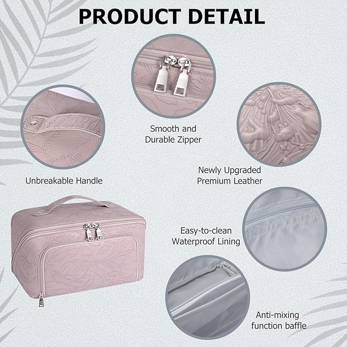 Travel Makeup Bag, Large Capacity Cosmetic Bags for Women, Waterproof Lining and PU Leather Portable Pouch, Open Flat Toiletry Bag, Make up Organizer with Divider & Handle (Pink)