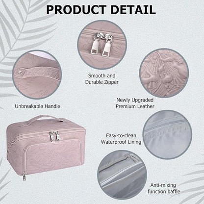 Travel Makeup Bag, Large Capacity Cosmetic Bags for Women, Waterproof Lining and PU Leather Portable Pouch, Open Flat Toiletry Bag, Make up Organizer with Divider & Handle (Pink)