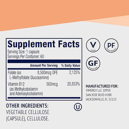 Vimergy 5-MTHF Capsules– Supports Brain & Cardiovascular Health* – Promotes Energy Production* – Kosher, Vegan & Gluten-Free – (60 ct.)