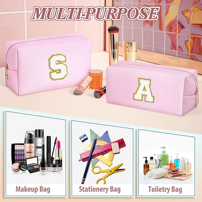 TOPEAST Makeup Bags for Women 2 Pack Personalized Initial Letter Makeup Bag Set, Monogram Cute Makeup Bag PU Leather Waterproof Travel Toiletry Bag Personalized Birthday Gifts For Women, Pink S