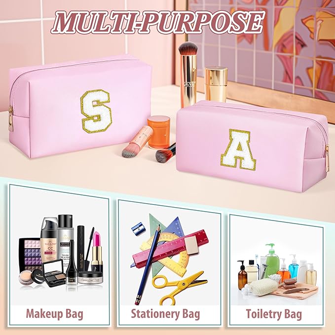TOPEAST Personalized Initial Makeup Bag 2 Pack - PU Leather Waterproof Toiletry Organizer, Cute Travel Essentials Gift for Women, Pink M