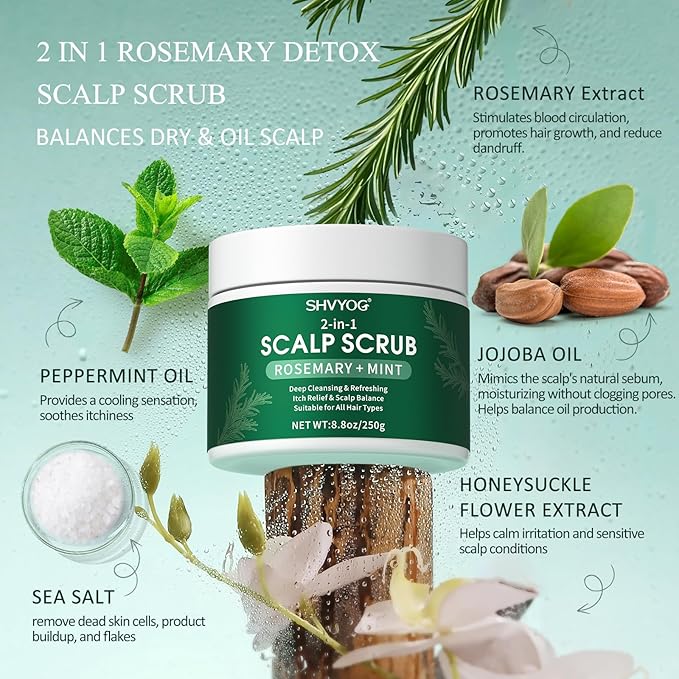 SHVYOG Scalp Scrub, Rosemary Exfoliator Scrub with Peppermint & Sea Salt, Anti-Dandruff Detox Clarifying Exfoliator for Build Up, Itchy Scalp, Oily & Dry Hair with Scalp Massager