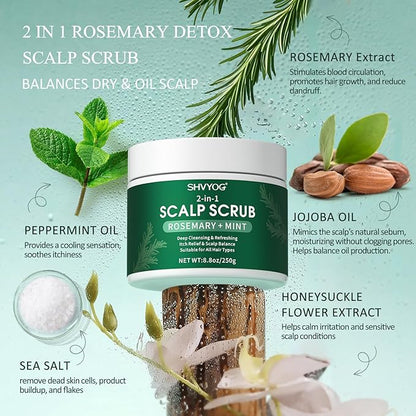 SHVYOG Scalp Scrub, Rosemary Exfoliator Scrub with Peppermint & Sea Salt, Anti-Dandruff Detox Clarifying Exfoliator for Build Up, Itchy Scalp, Oily & Dry Hair with Scalp Massager