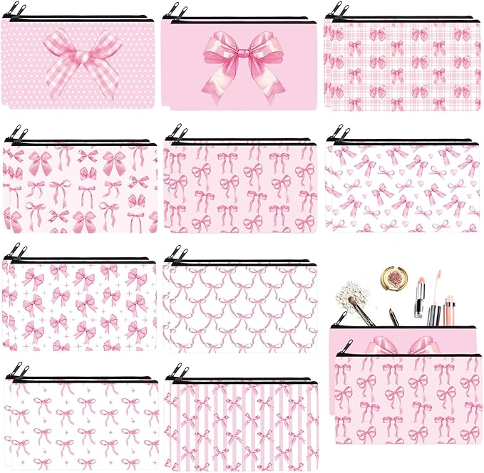 Reginary 20 Pieces Cosmetic Bag for Women, Roomy Makeup Bags with Zipper Toiletry Bag Pouch Travel Accessory Organizer Gifts, 7 x 4.3 Inches (Pink Bow)