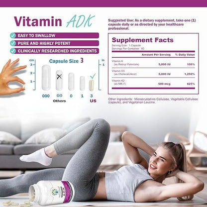 ADK Vitamin Supplement 5000 IU - High Potency Vitamins A, D3, and K2 for Bone Health and Calcium Absorption | Gluten-Free Vitamin ADK Supplement, 60 Day Supply, 60 Capsules