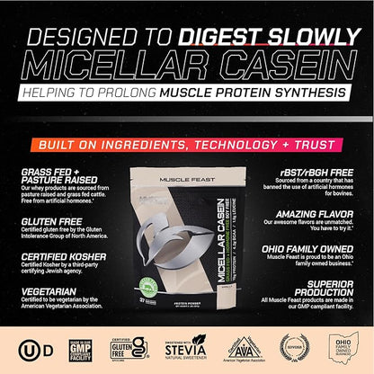 Muscle Feast Micellar Casein Protein, All Natural Pasture Raised Hormone Free Soy Free, Vanilla, 2lb
