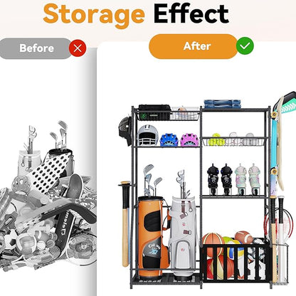 HOMREST Sports Equipment Storage,2 Golf Bag Storage Stand, Ball Holder, Garage Sports Organizer with Basket and Hooks, Sports Ball Storage for Toy Sports Gear Storage, Black