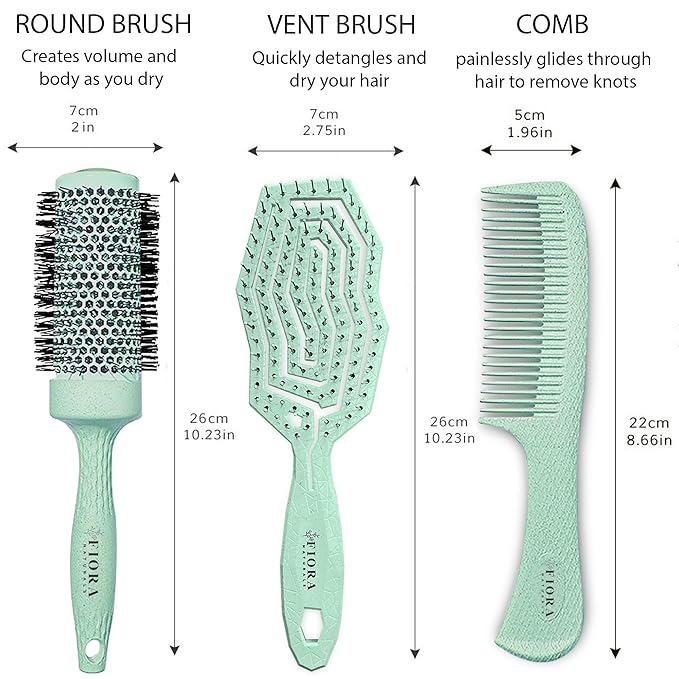 Fiora Naturals Hair Brush Set - Detangler, Round Brush, and Comb for Women - Bio-friendly Brushes for All Hair Types including Natural, Fine & Curly - Ideal for Detangling and Blow Drying