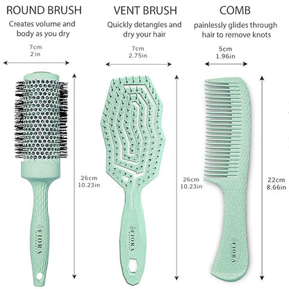 Fiora Naturals Hair Brush Set - Detangler, Round Brush, and Comb for Women - Bio-friendly Brushes for All Hair Types including Natural, Fine & Curly - Ideal for Detangling and Blow Drying