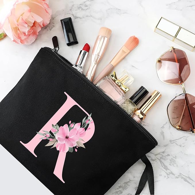 Vavabox A-Z Personalized Makeup Bag, Birthday Gifts for Women Mom, Gifts for Best Friend, Bride Bridesmaid Cosmetic bag (R, Black)
