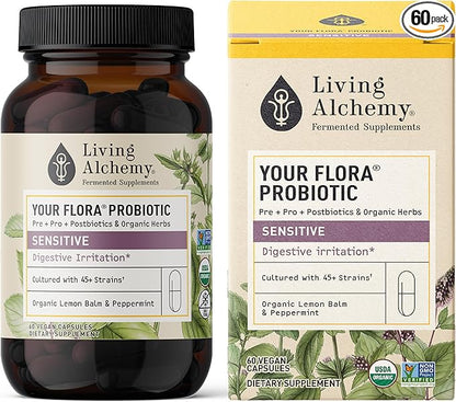 Living Alchemy Gut Health Supplements - Your Flora Probiotic Sensitive with Fermented Soybean, Lemon Balm, Peppermint, Prebiotics, Gut Cleanse Detox for Men & Women - Vegan, Non-GMO, 60 Pcs
