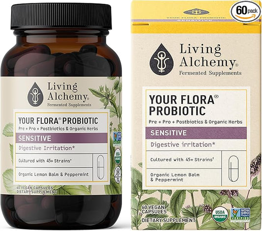 Living Alchemy Gut Health Supplements - Your Flora Probiotic Sensitive with Fermented Soybean, Lemon Balm, Peppermint, Prebiotics, Gut Cleanse Detox for Men & Women - Vegan, Non-GMO, 60 Pcs