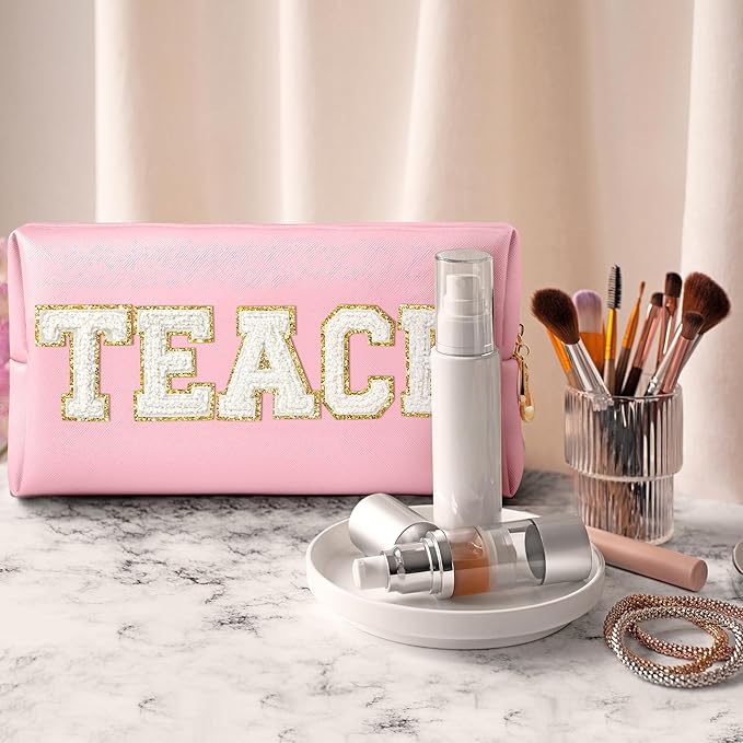 CY2SIDE TEACH Letter Makeup Bag - White TEACH Chenille Letter Patch Cosmetic Bag Pink PU Leather Patch Travel Pouch Waterproof Portable Zipper Travel Organizer for Teacher Appreciation Gifts Xams Gift