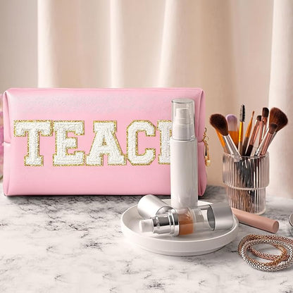 CY2SIDE TEACH Letter Makeup Bag - White TEACH Chenille Letter Patch Cosmetic Bag Pink PU Leather Patch Travel Pouch Waterproof Portable Zipper Travel Organizer for Teacher Appreciation Gifts Xams Gift