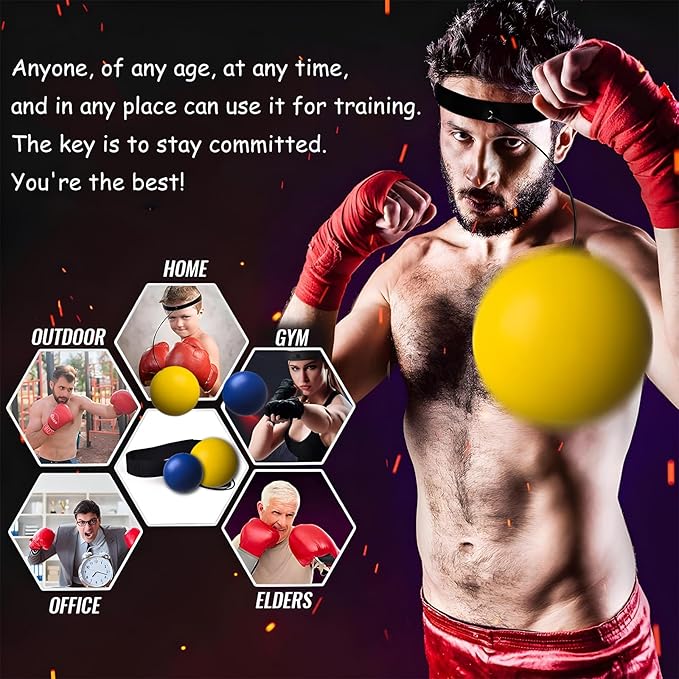 Boxing Reflex Ball Set - 2 Sizes PU Foam Speed Ball with Adjustable Headband, Anti-Rust S-Clips & Extra Strings | Hand Pain-Free Training for Reflex, Agility, Stress Relief (Yellow & Blue)