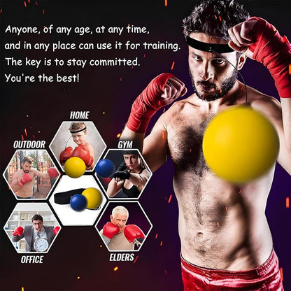 Boxing Reflex Ball Set - 2 Sizes PU Foam Speed Ball with Adjustable Headband, Anti-Rust S-Clips & Extra Strings | Hand Pain-Free Training for Reflex, Agility, Stress Relief (Yellow & Blue)
