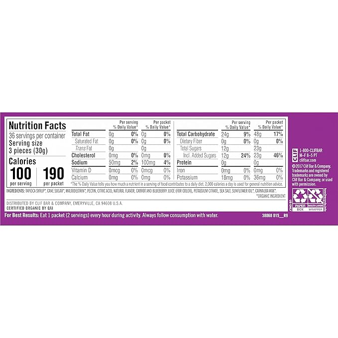 CLIF BLOKS - Mountain Berry Flavor - Energy Chews - Non-GMO - Plant Based - Fast Fuel for Cycling and Running - Quick Carbohydrates and Electrolytes - 2.12 oz. (18 Count)