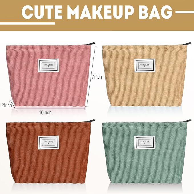 Sanwuta 4 Pack Velvet Makeup Bag Cosmetic Bag for Women Large Capacity Corduroy Pouch Zipper Canvas Travel Toiletry Purse Make up Organizer Case Accessories(Rainbow Color,Plaid)