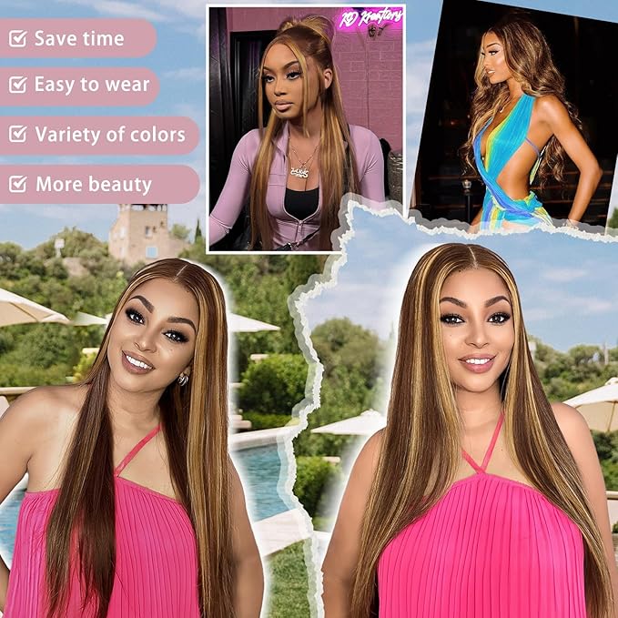Highlight Ombre Lace Front Wig Human Hair 200% Density Highlight Wig Human Hair 7x5 Ombre Straigtht Honey Blonde Wig 24 Inch Brown Highlighted Wig Pre Plucked With Baby Hair