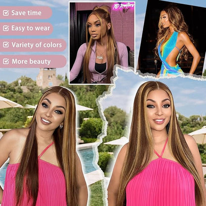 Highlight Ombre Lace Front Wig Human Hair 200% Density Highlight Wig Human Hair 7x5 Ombre Straigtht Honey Blonde Wig 24 Inch Brown Highlighted Wig Pre Plucked With Baby Hair