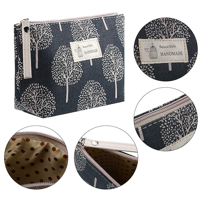 4 Pieces Canvas Cosmetic Bags Set Printed Makeup Bags with Zipper Multi-Functional Travel Pouch for Women Girls Vacation Travel Toiletry Bag, 4 Styles (Arrow, Plaid, Tree, Leave, Small)