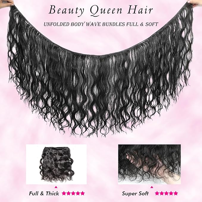 Beauty Queen 16A Body Wave Bundles Human Hair (26 24 22 20 Inch) 100% Unprocessed Brazilian Virgin Weave 4 Bundles Human Hair Full and Thick Remy Hair Extensions Natural Color For Women